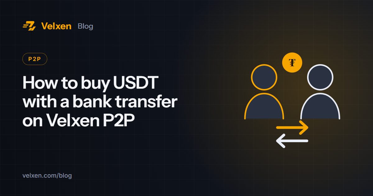 How to buy USDT with a bank transfer on Velxen P2P: Velxen blog cover with two people exchanging USDT in amber on a dark background