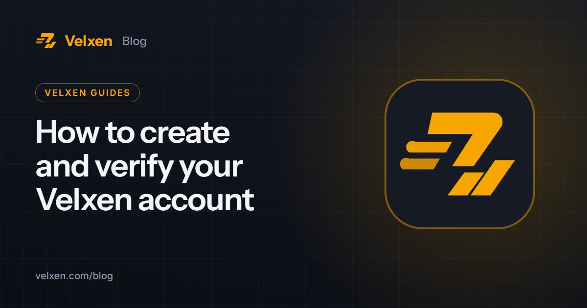 How to create and verify your Velxen account: Velxen blog cover with the Velxen logo in amber on a dark background