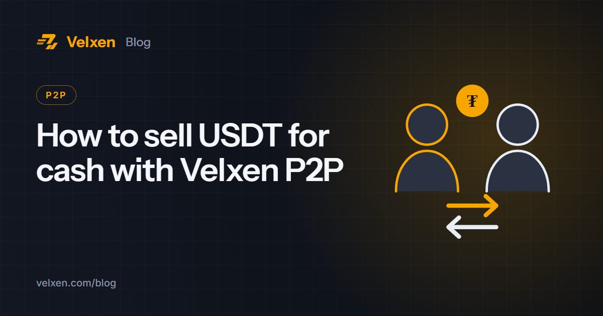 How to sell USDT for cash with Velxen P2P: Velxen blog cover with two people exchanging USDT in amber on a dark background