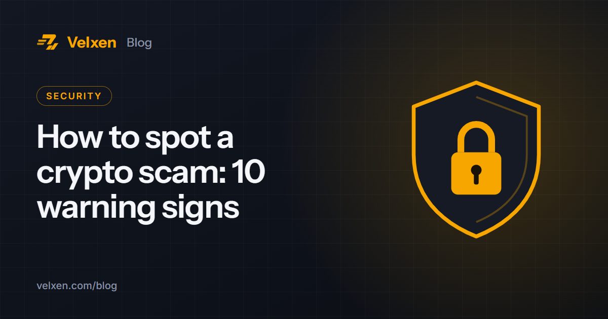 How to spot a crypto scam: 10 warning signs: Velxen blog cover with a shield with a padlock in amber on a dark background