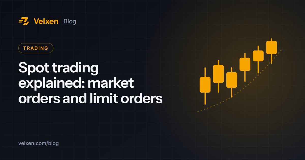 Spot trading explained: market orders and limit orders: Velxen blog cover with rising candlestick chart in amber on a dark background