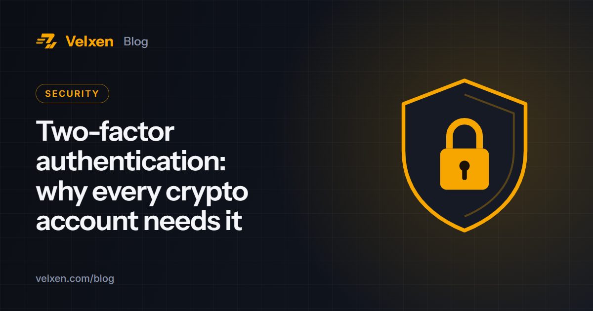 Two-factor authentication: why every crypto account needs it: Velxen blog cover with a shield with a padlock in amber on a dark background