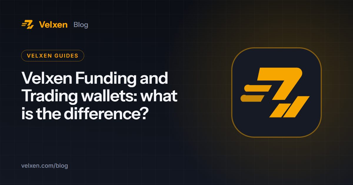 Velxen Funding and Trading wallets: what is the difference?: Velxen blog cover with the Velxen logo in amber on a dark background