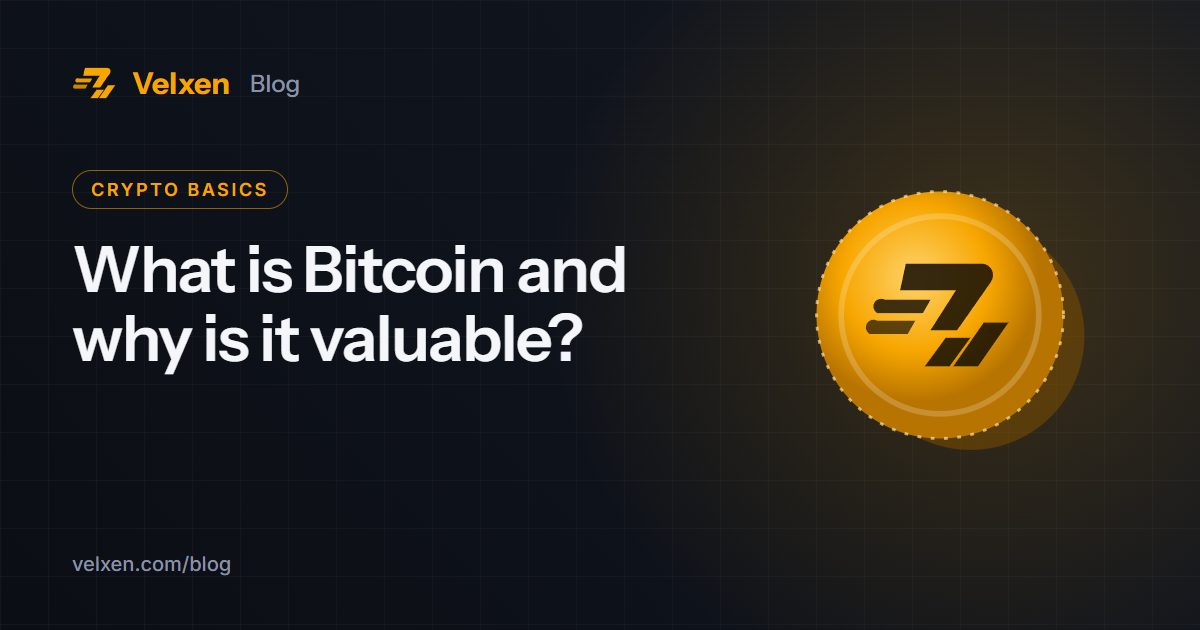 What is Bitcoin and why is it valuable?: Velxen blog cover with a gold coin with the Velxen mark in amber on a dark background