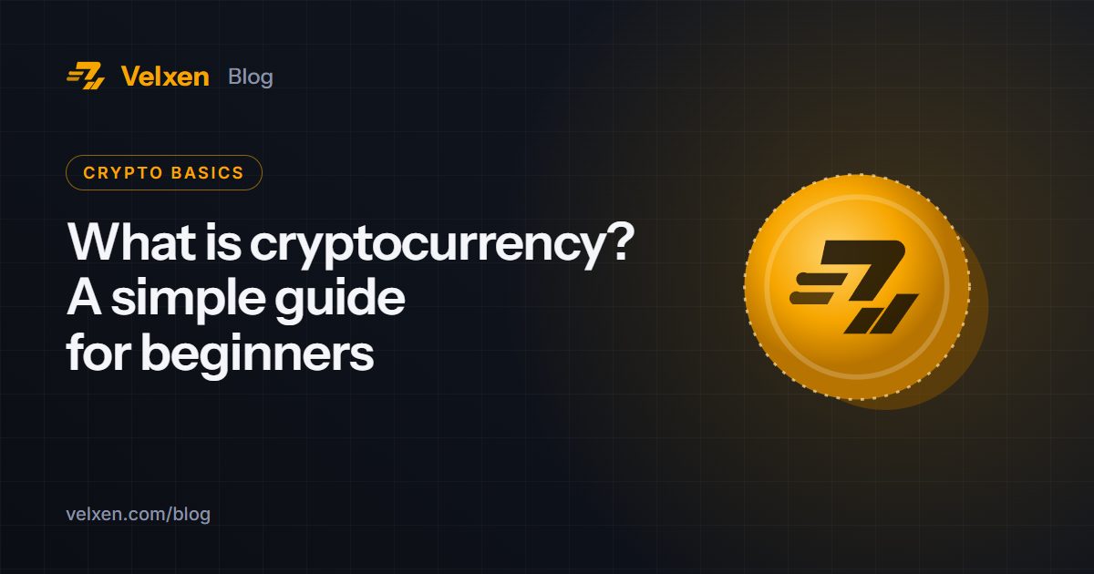 What is cryptocurrency? A simple guide for beginners: Velxen blog cover with a gold coin with the Velxen mark in amber on a dark background