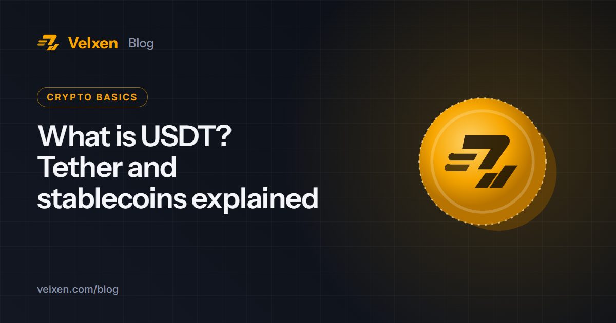 What is USDT? Tether and stablecoins explained: Velxen blog cover with a gold coin with the Velxen mark in amber on a dark background